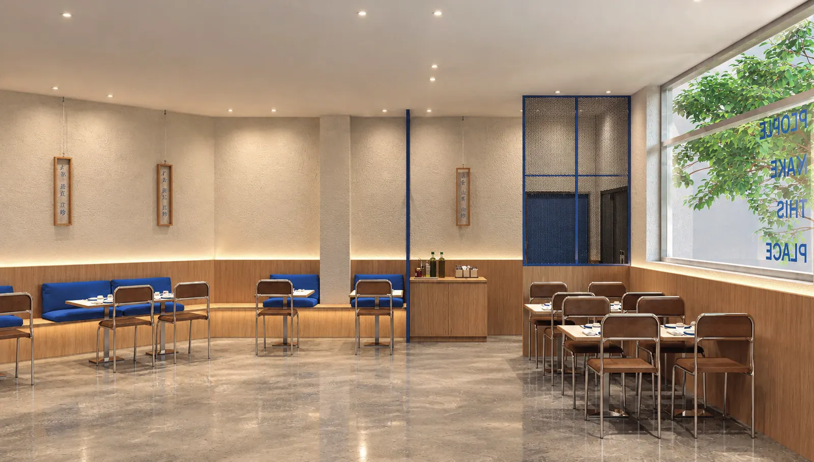 Comedor de Kindu con bancos azules y mesas de madera